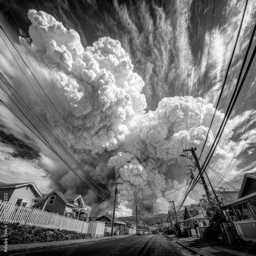 Fototapeta premium Smoke-filled street, houses, and power lines in grayscale. Dramatic, towering cloud of smoke obscures the sky