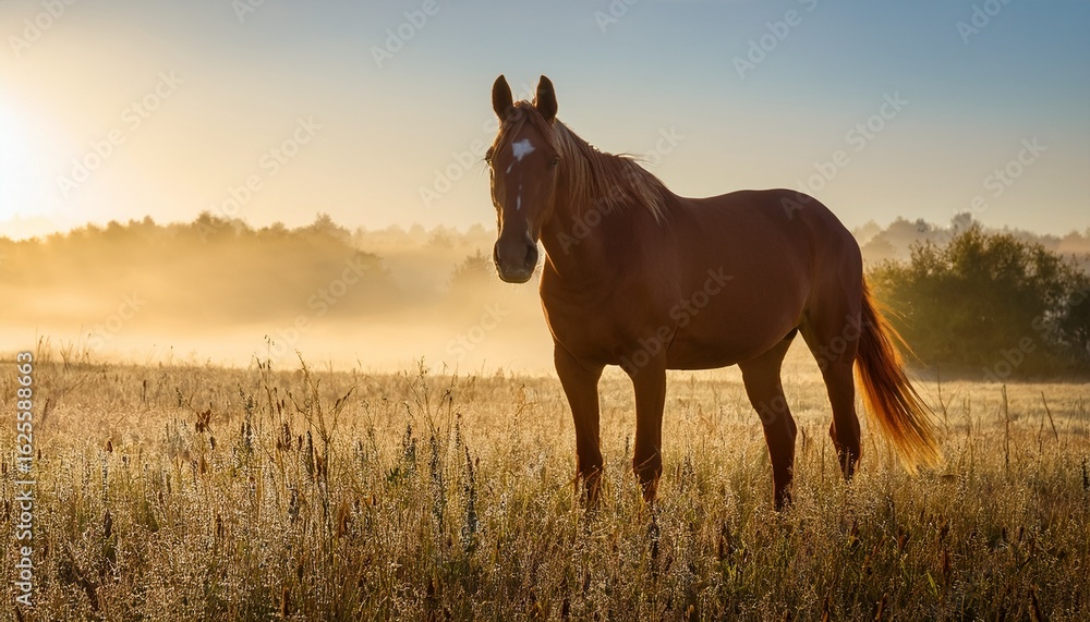 Fototapeta premium majestic brown horse stands proud in misty pasture during early morning light