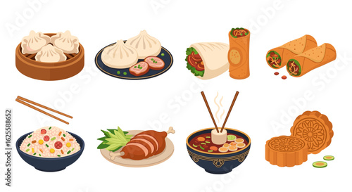 Illustration showcasing a variety of asian cuisine dishes including dumplings and spring rolls and soup