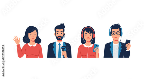 Illustration of four people with different professions including reporter and podcast host type