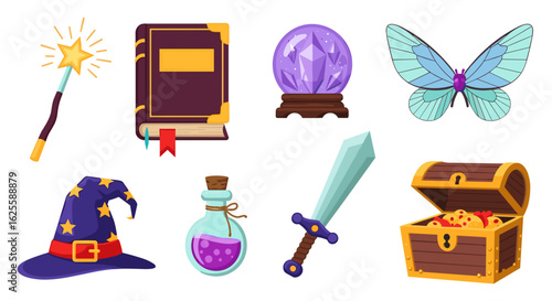 Illustration featuring a magic wand, book, crystal ball, butterfly, hat, potion, sword, and treasure chest