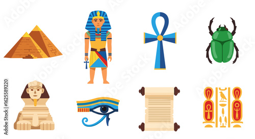 Illustration showing egyptian pyramids, pharaoh, ankh, scarab, sphinx, eye of horus, scroll, and hieroglyphs
