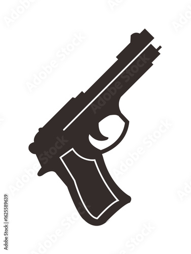 A black silhouette of a handgun, angled, displayed against a white background.