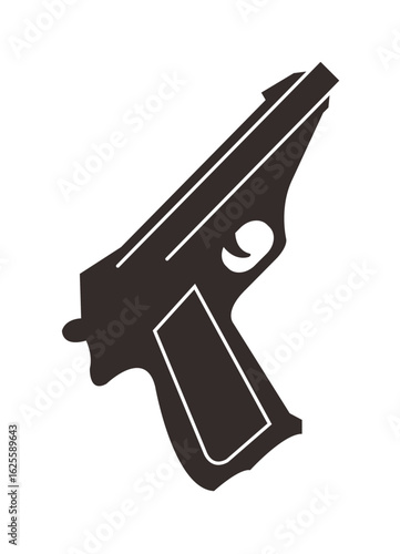 A stark black silhouette of a handgun, angled, isolated on white.