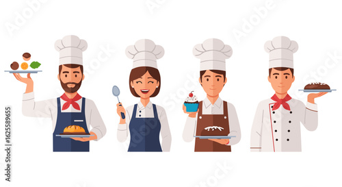 Illustration of four chefs wearing chef hats and aprons holding various food items on trays smiling