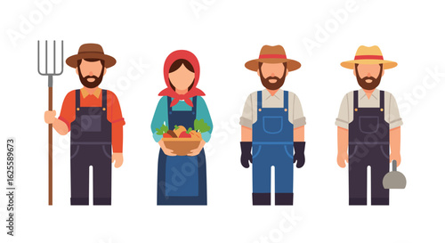 Illustration of four farmers standing side by side, one holding a pitchfork and another a basket of crops