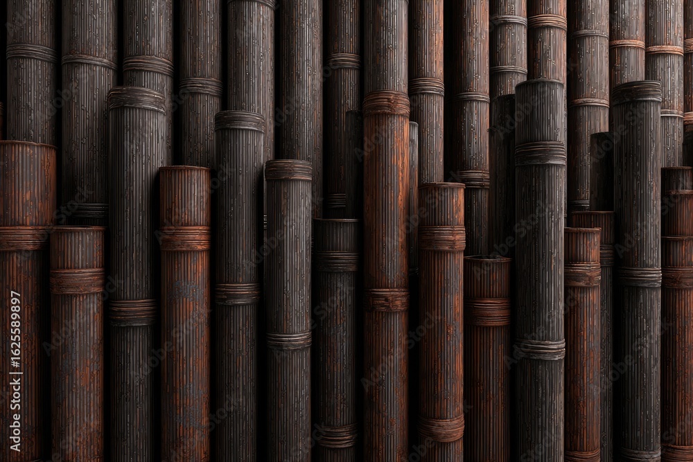 Naklejka premium Dark, aged bamboo tubes, tightly packed