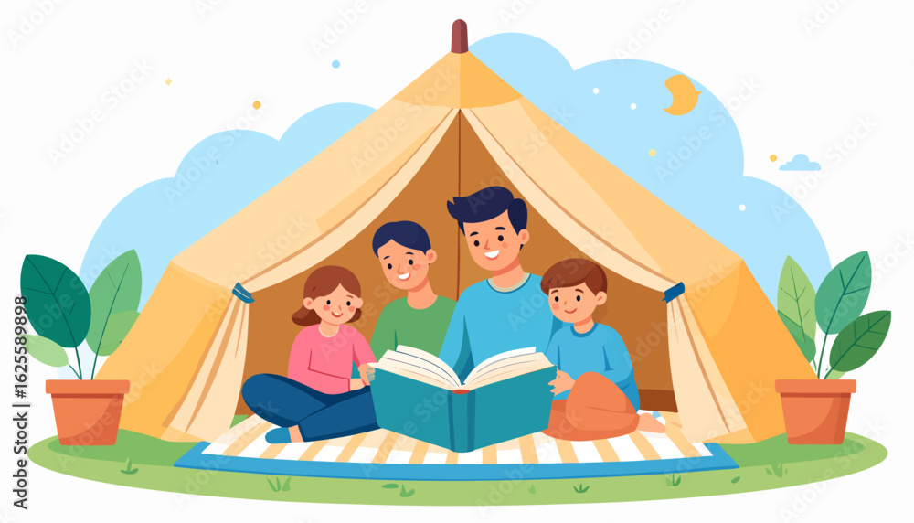 Fototapeta premium Happy Family Reading Storybook in Camping Tent. Parents and Kids Enjoying Storytime Together During Outdoor Adventure.