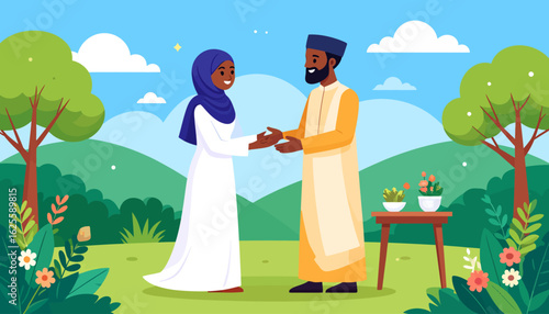 Muslim Couple Greeting in Garden - Eid Celebration Illustration