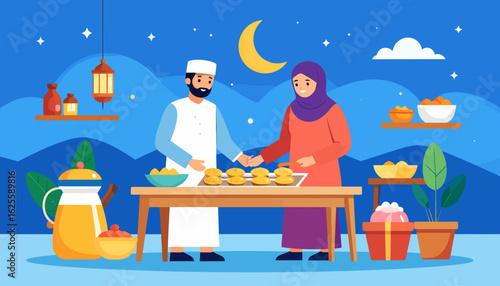 Muslim Couple Preparing Iftar Feast Under Moonlit Sky - Ramadan Celebration