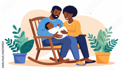 Happy Black Parents Cradling Newborn Baby in Rocking Chair. Loving family with infant, new life, parenthood, and home comfort.