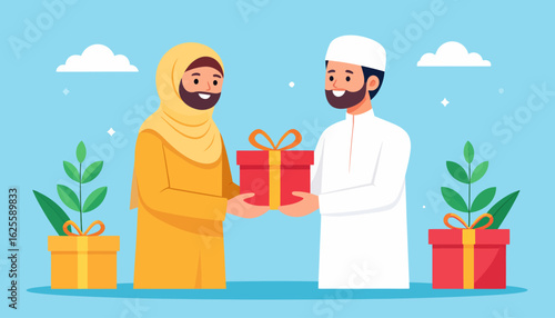 Happy Muslim Couple Exchanging Gifts. Islamic Holiday Celebration, Generosity, and Kindness Concept.