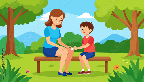 Mother applies bandage to son's knee on park bench, showing care and first aid outdoors in a vector illustration