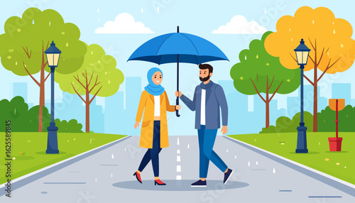 Diverse couple walking together under a blue umbrella in a rainy park, showcasing care and togetherness