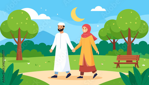 Happy Muslim Couple Walking Hand-in-Hand in Park at Evening Under Crescent Moon