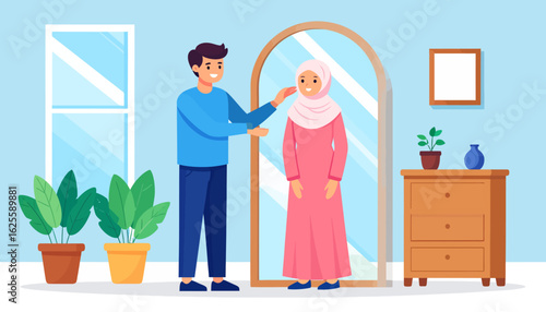 Caring Man Helps Woman Adjust Hijab in Front of Mirror at Home