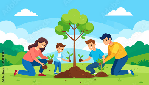 Happy Family Planting Trees Together. Environmental Conservation, Nature Care, and Sustainable Living Concept.