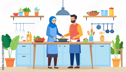 Diverse Couple Cooking Healthy Meal Together in Modern Kitchen. Man and Woman Preparing Food with Fresh Ingredients.