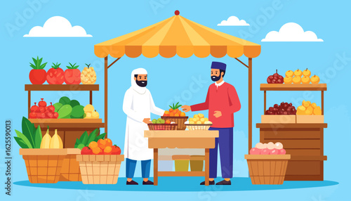 Fresh Produce Market Stall Transaction: Vendor Sells Fruits to Customer. Outdoor Street Market with Healthy Food & Shopping.