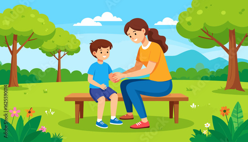 Adult woman and young boy on park bench, gentle interaction, family bonding in nature, flat vector illustration