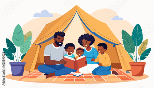 Happy Black Family Camping & Reading. Parents share storybook with sons in a tent. Family bonding, leisure illustration.