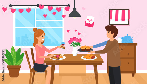 Couple's Romantic Dinner Date Illustration with Wine and Roses. Man Serving Woman in Cozy Home for Valentine's Day Celebration.