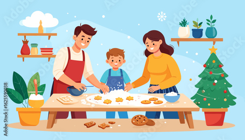 Happy Family Baking Christmas Cookies. Parents and Child Making Festive Holiday Treats in a Cozy Winter Kitchen