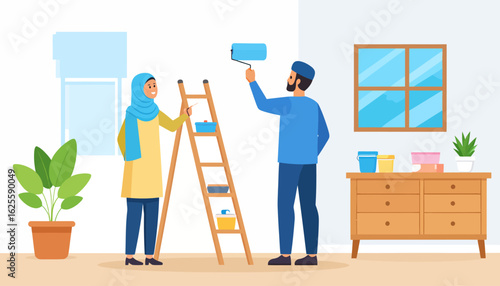 Couple painting the interior of their home together.