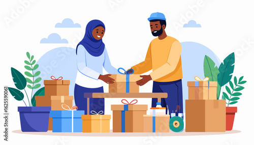 Diverse people exchanging gifts. Man and woman giving and receiving presents, surrounded by packages. Celebration and sharing concept.