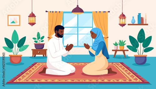 Muslim couple praying together at home, expressing faith and devotion in a peaceful domestic setting.
