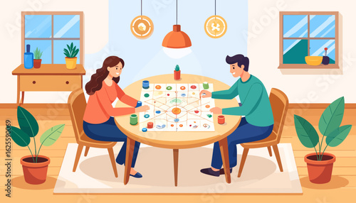 Happy Young Couple Playing Board Game Together at Home, Enjoying Leisure Time and Indoor Entertainment, Flat Illustration