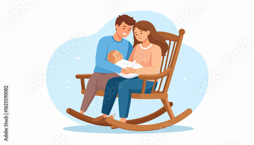 Happy New Parents with Newborn Baby in Rocking Chair. Family Love and Care Illustration.