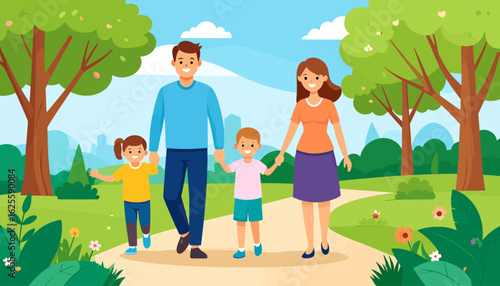 Joyful Family Walk in Park. Parents and Two Children Enjoying Nature Together.