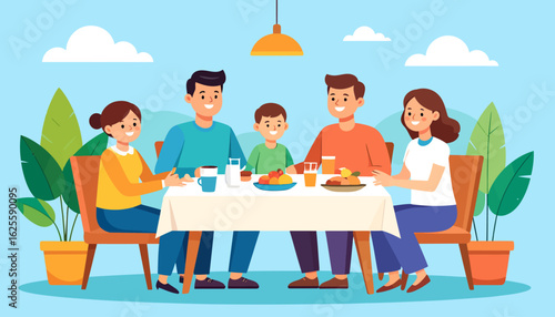 Joyful Family Mealtime Illustration with Parents and Kids Enjoying Food Together at Home
