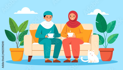 Couple Relaxing Together on Sofa with Tea and Pets.