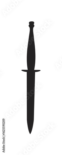 A black silhouette of a dagger, sharply pointed, with a crossguard.