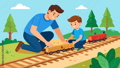Father and son playing with toy train on tracks in a sunny park.