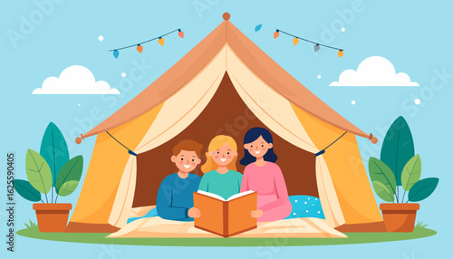 Family Camping Adventure with Children Reading Together.