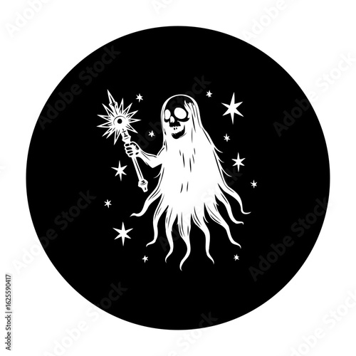 Mystical celestial ghostly apparition: A vector design featuring a spooky apparition with a star wand surrounded by stars