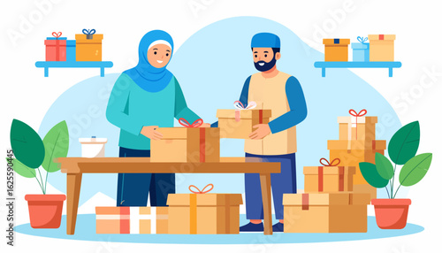 Man and woman preparing packages for shipping or delivery together.