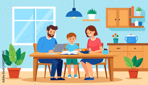 Family working together on a project at home in a cozy kitchen environment.