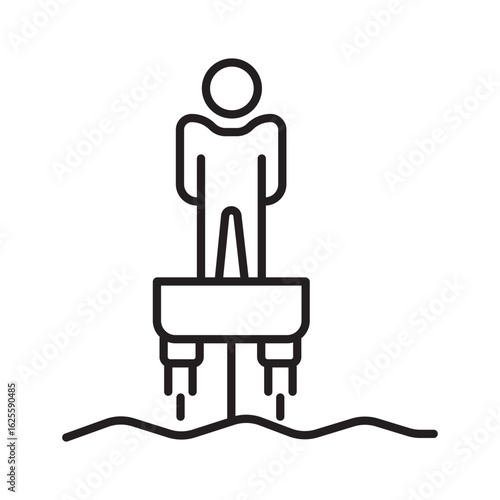 A single icon of flyboarding with outline style, depicting a person using water-powered propulsion. Editable stroke vector illustration.