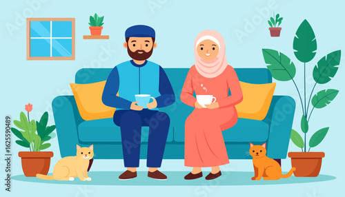 Couple Relaxing on a Couch with Pets and Plants.