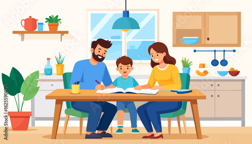 Family enjoying a meal together at home in the kitchen.