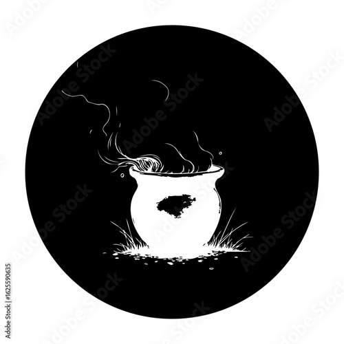 Eerie Halloween cauldron steaming, a spooky night illustration conjuring mystical tales, witchcraft, and magical lore in the dark