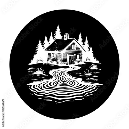Idyllic cabin retreat by the water illustration showcasing peaceful nature scene with lake or stream and forest