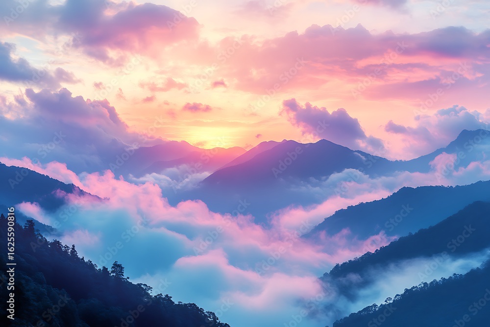 Obraz premium Majestic Mountain Peaks Covered in Pink and Blue Clouds at Sunrise