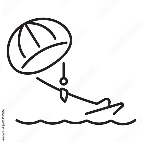 A single icon illustrating kitesurfing with outline style, capturing action in a water sport scene. Editable stroke vector illustration.