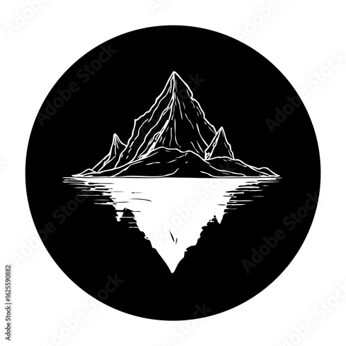 Captivating mountain reflection illustration within a black circle evoking tranquility and natural wonder enhancing minimalistic designs