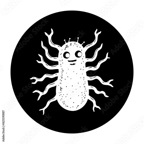 Cartoon illustration of a bacterium with a face against a black circle background representing microbiology